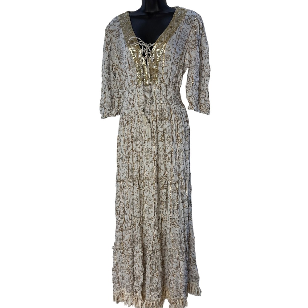 Me 2 Magic Boho Maxi Dress White Gold Sequin Lace‎ Up Tassel Fringe Smocked M